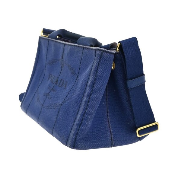 PRADA Logo CANAPA 2Way Shoulder Hand Bag Canvas Leather Blue GHW Italy - Picture 3 of 6